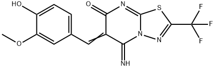 (E)-6-(4-hydroxy-3-methoxybenzylidene)-5-imino-2-(trifluoromethyl)-5H-[1,3,4]thiadiazolo[3,2-a]pyrimidin-7(6H)-one Struktur