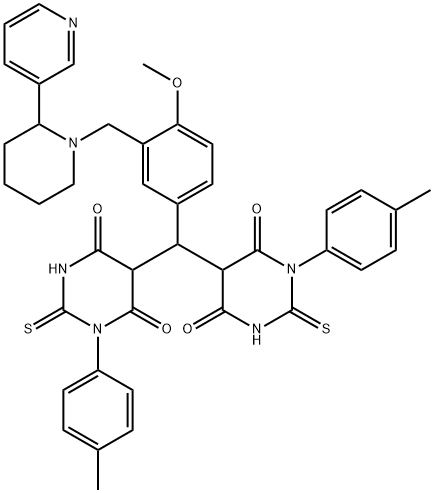 6-hydroxy-5-((6-hydroxy-4-oxo-2-thioxo-1-(p-tolyl)-1,2,3,4-tetrahydropyrimidin-5-yl)(4-methoxy-3-((2-(pyridin-3-yl)piperidin-1-yl)methyl)phenyl)methyl)-2-thioxo-3-(p-tolyl)-2,3-dihydropyrimidin-4(1H)-one Struktur