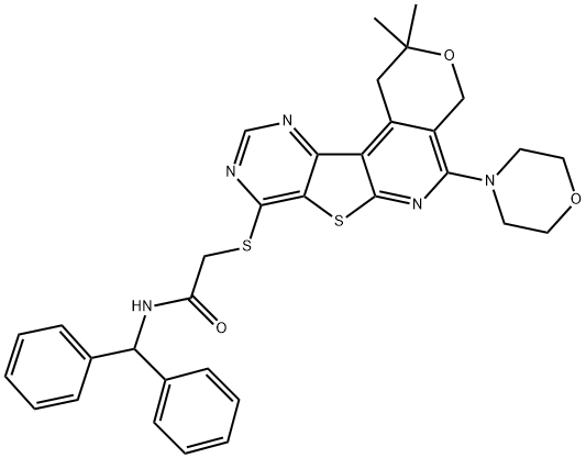 N-benzhydryl-2-((2,2-dimethyl-5-morpholino-2,4-dihydro-1H-pyrano[4'',3'':4',5']pyrido[3',2':4,5]thieno[3,2-d]pyrimidin-8-yl)thio)acetamide Structure