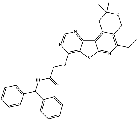 N-benzhydryl-2-((5-ethyl-2,2-dimethyl-2,4-dihydro-1H-pyrano[4'',3'':4',5']pyrido[3',2':4,5]thieno[3,2-d]pyrimidin-8-yl)thio)acetamide Structure
