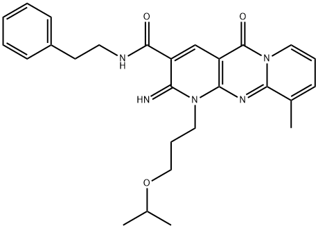 2-imino-10-methyl-5-oxo-N-(2-phenylethyl)-1-[3-(propan-2-yloxy)propyl]-1,5-dihydro-2H-dipyrido[1,2-a:2',3'-d]pyrimidine-3-carboxamide Struktur