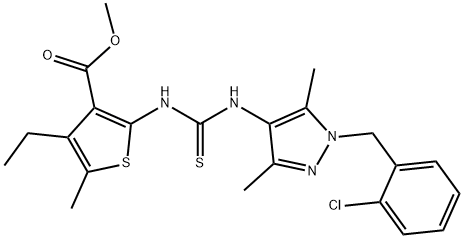 methyl 2-(3-(1-(2-chlorobenzyl)-3,5-dimethyl-1H-pyrazol-4-yl)thioureido)-4-ethyl-5-methylthiophene-3-carboxylate,588712-43-0,结构式