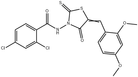2,4-dichloro-N-[(5Z)-5-(2,4-dimethoxybenzylidene)-4-oxo-2-thioxo-1,3-thiazolidin-3-yl]benzamide Struktur