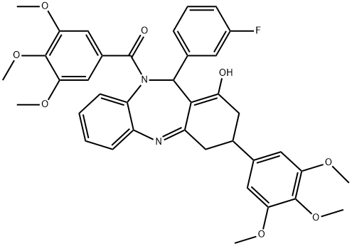 (11-(3-fluorophenyl)-1-hydroxy-3-(3,4,5-trimethoxyphenyl)-3,4-dihydro-2H-dibenzo[b,e][1,4]diazepin-10(11H)-yl)(3,4,5-trimethoxyphenyl)methanone Structure