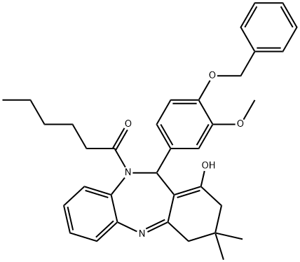 1-(11-(4-(benzyloxy)-3-methoxyphenyl)-1-hydroxy-3,3-dimethyl-3,4-dihydro-2H-dibenzo[b,e][1,4]diazepin-10(11H)-yl)hexan-1-one 结构式