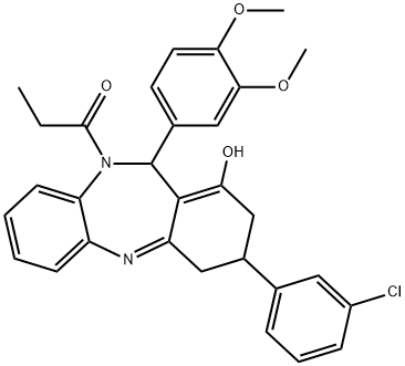1-(3-(3-chlorophenyl)-11-(3,4-dimethoxyphenyl)-1-hydroxy-3,4-dihydro-2H-dibenzo[b,e][1,4]diazepin-10(11H)-yl)propan-1-one Struktur