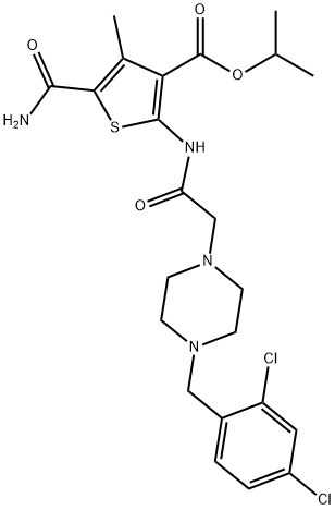 isopropyl 5-carbamoyl-2-(2-(4-(2,4-dichlorobenzyl)piperazin-1-yl)acetamido)-4-methylthiophene-3-carboxylate Struktur