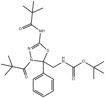 Carbamic acid, [[3-(2,2-dimethyl-1-oxopropyl)-5-[(2,2-dimethyl-1-oxopropyl)amino]-2,3-dihydro-2-phenyl-1,3,4-thiadiazol-2-yl]methyl]-, 1,1-dimethylethyl ester Struktur