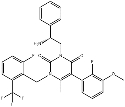 3-[(2R)-2-Amino-2-phenylethyl]-5-(2-fluoro-3-methoxyphenyl)-1-[[2-fluoro-6-(trifluoromethyl)phenyl]methyl]-6-methyl-2,4(1H,3H)-pyrimidinedione Struktur