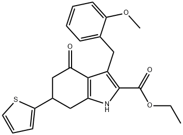 ethyl 3-(2-methoxybenzyl)-4-oxo-6-(thiophen-2-yl)-4,5,6,7-tetrahydro-1H-indole-2-carboxylate Struktur