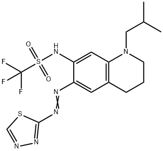 1,1,1-Trifluoro-N-[1,2,3,4-tetrahydro-1-(2-methylpropyl)-6-[2-(1,3,4-thiadiazol-2-yl)diazenyl]-7-quinolinyl]methanesulfonamide 化学構造式