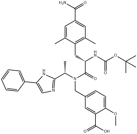 Benzoic acid, 5-[[[(2S)-3-[4-(aminocarbonyl)-2,6-dimethylphenyl]-2-[[(1,1-dimethylethoxy)carbonyl]amino]-1-oxopropyl][(1S)-1-(5-phenyl-1H-imidazol-2-yl)ethyl]amino]methyl]-2-methoxy- Struktur