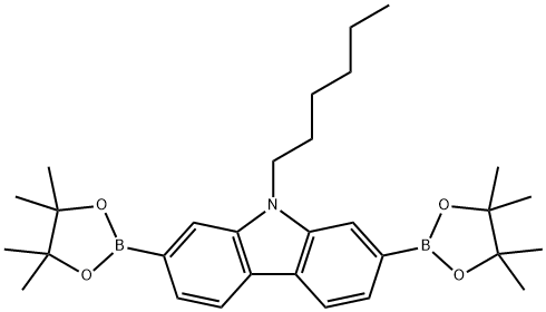 9-ヘキシル-2,7-ビス(4,4,5,5-テトラメチル-1,3,2-ジオキサボロラン-2-イル)-9H-カルバゾール 化学構造式