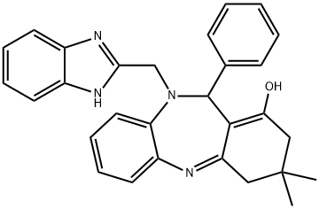 10-((1H-benzo[d]imidazol-2-yl)methyl)-3,3-dimethyl-11-phenyl-3,4,10,11-tetrahydro-2H-dibenzo[b,e][1,4]diazepin-1-ol Struktur