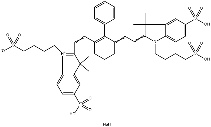 2-[2-(3-[2-[3,3-Dimethyl-5-sulfo-1-(4-sulfobutyl)-1,3-dihydro-indol-2-ylidene]-ethylidene]-2-
phenyl-cyclohex-1-enyl)-vinyl]-3,3-dimethyl-5-sulfo-1-(4-sulfobutyl)-3H-indolium
hydroxide, inner salt, trisodium salt 化学構造式