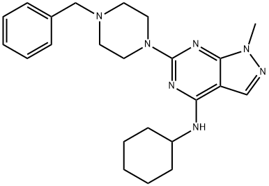 6-(4-benzylpiperazin-1-yl)-N-cyclohexyl-1-methyl-1H-pyrazolo[3,4-d]pyrimidin-4-amine,897758-09-7,结构式