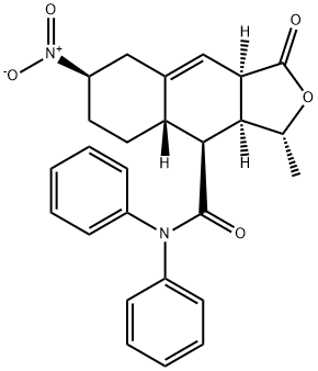 (3R,3aS,4S,4aS,7R,9aR)-3-Methyl-7-nitro-1-oxo-N,N-diphenyl-1,3,3a,4,4a,5,6,7,8,9a-decahydronaphtho[2,3-c]furan-4-carboxamide 化学構造式
