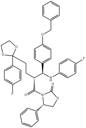 (S)-3-{(R)-2-[(S)-(4-(benzyloxyphenyl))-(4-fluorophenylamino)methyl]-4-[2-(4-fluorophenyl)-[1,3]-dioxolan-2-yl]butyryl}-4-phenyloxazolidin-2-one Structure