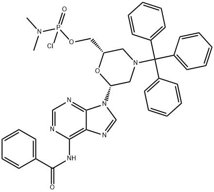 N,N-Dimethylphosphoramidochloridic acid [(2S,6R)-6-[6-(benzoylamino)-9H-purin-9-yl]-4-(triphenylmethyl)-2-morpholinyl]methyl ester Struktur