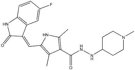 (E)-5-((5-fluoro-2-oxoindolin-3-ylidene)methyl)-2,4-dimethyl-N'-(1-methylpiperidin-4-yl)-1H-pyrrole-3-carbohydrazide 化学構造式