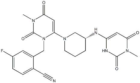 (R)-4-fluoro-2-((3-methyl-6-(3-((1-methyl-2,6-dioxo-1,2,3,6-tetrahydropyrimidin-4-yl)amino)piperidin-1-yl)-2,4-dioxo-3,4-dihydropyrimidin-1(2H)-yl)methyl)benzonitrile Structure