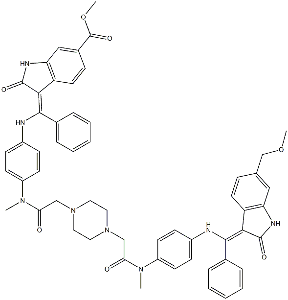 methyl (Z)-3-(((4-(2-(4-(2-((4-((((Z)-6-(methoxymethyl)-2-oxoindolin-3-ylidene)(phenyl)methyl)amino)phenyl)(methyl)amino)-2-oxoethyl)piperazin-1-yl)-N-methylacetamido)phenyl)amino)(phenyl)methylene)-2-oxoindoline-6-carboxylate Structure
