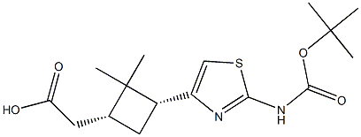 2-((1R,3R)-3-(2-((tert-butoxycarbonyl)amino)thiazol-4-yl)-2,2-dimethylcyclobutyl)acetic acid Struktur