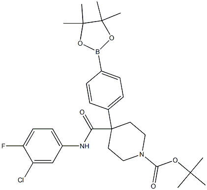 tert-butyl 4-(3-chloro-4-fluorophenylcarbamoyl)-4-(4-(4,4,5,5-tetramethyl-1,3,2-dioxaborolan-2-yl)phenyl)piperidine-1-carboxylate,,结构式