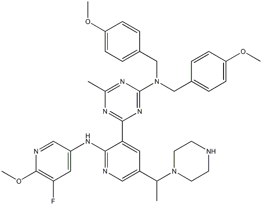 4-(2-(5-fluoro-6-methoxypyridin-3-ylamino)-5-(1-(piperazin-1-yl)ethyl)pyridin-3-yl)-N,N-bis(4-methoxybenzyl)-6-methyl-1,3,5-triazin-2-amine Structure