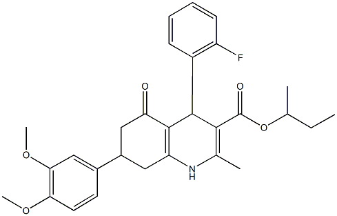 sec-butyl 7-(3,4-dimethoxyphenyl)-4-(2-fluorophenyl)-2-methyl-5-oxo-1,4,5,6,7,8-hexahydro-3-quinolinecarboxylate Structure