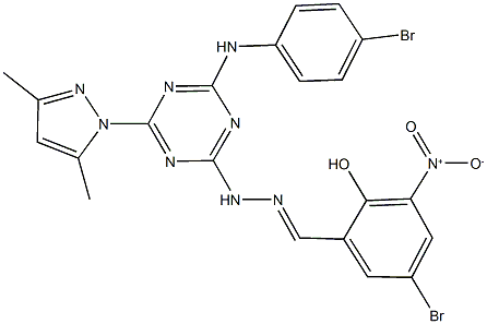5-bromo-2-hydroxy-3-nitrobenzaldehyde [4-(4-bromoanilino)-6-(3,5-dimethyl-1H-pyrazol-1-yl)-1,3,5-triazin-2-yl]hydrazone Structure
