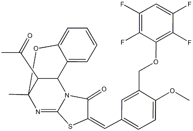 16-acetyl-13-{4-methoxy-3-[(2,3,5,6-tetrafluorophenoxy)methyl]benzylidene}-9-methyl-8-oxa-12-thia-10,15-diazatetracyclo[7.6.1.0~2,7~.0~11,15~]hexadeca-2,4,6,10-tetraen-14-one 结构式