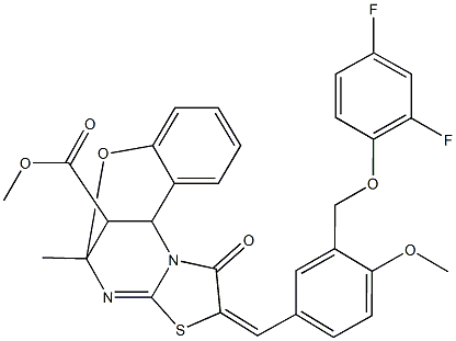 methyl (13E)-13-{3-[(2,4-difluorophenoxy)methyl]-4-methoxybenzylidene}-9-methyl-14-oxo-8-oxa-12-thia-10,15-diazatetracyclo[7.6.1.0~2,7~.0~11,15~]hexadeca-2,4,6,10-tetraene-16-carboxylate Structure