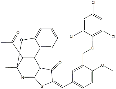 16-acetyl-13-{4-methoxy-3-[(2,4,6-trichlorophenoxy)methyl]benzylidene}-9-methyl-8-oxa-12-thia-10,15-diazatetracyclo[7.6.1.0~2,7~.0~11,15~]hexadeca-2,4,6,10-tetraen-14-one Struktur