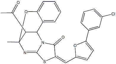 16-acetyl-13-{[5-(3-chlorophenyl)-2-furyl]methylene}-9-methyl-8-oxa-12-thia-10,15-diazatetracyclo[7.6.1.0~2,7~.0~11,15~]hexadeca-2,4,6,10-tetraen-14-one Struktur