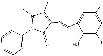 4-[(2-hydroxy-3,5-diiodobenzylidene)amino]-1,5-dimethyl-2-phenyl-1,2-dihydro-3H-pyrazol-3-one Struktur