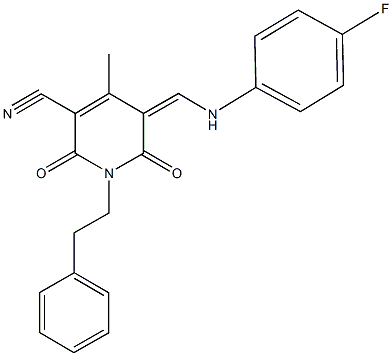 5-[(4-fluoroanilino)methylene]-4-methyl-2,6-dioxo-1-(2-phenylethyl)-1,2,5,6-tetrahydro-3-pyridinecarbonitrile,1164509-17-4,结构式