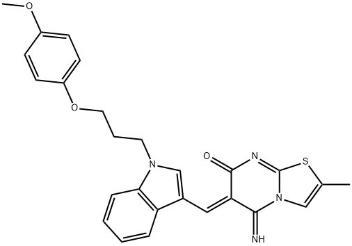 5-imino-6-({1-[3-(4-methoxyphenoxy)propyl]-1H-indol-3-yl}methylene)-2-methyl-5,6-dihydro-7H-[1,3]thiazolo[3,2-a]pyrimidin-7-one Struktur