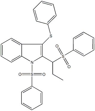 phenyl 1-[3-(phenylsulfanyl)-1-(phenylsulfonyl)-1H-indol-2-yl]propyl sulfone Struktur
