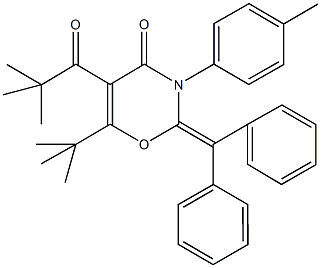 6-tert-butyl-5-(2,2-dimethylpropanoyl)-2-(diphenylmethylene)-3-(4-methylphenyl)-2,3-dihydro-4H-1,3-oxazin-4-one Struktur