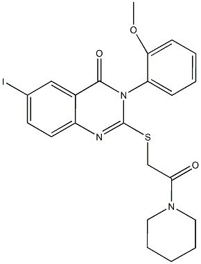 6-iodo-3-(2-methoxyphenyl)-2-{[2-oxo-2-(1-piperidinyl)ethyl]sulfanyl}-4(3H)-quinazolinone 化学構造式
