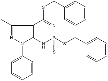 2,4-bis(benzylsulfanyl)-5-methyl-7-phenyl-2,7-dihydro-1H-pyrazolo[3,4-d][1,3,2]diazaphosphinine 2-sulfide Structure