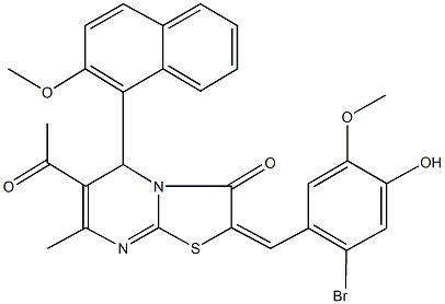 6-acetyl-2-(2-bromo-4-hydroxy-5-methoxybenzylidene)-5-(2-methoxy-1-naphthyl)-7-methyl-5H-[1,3]thiazolo[3,2-a]pyrimidin-3(2H)-one 结构式