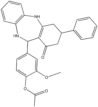 2-methoxy-4-(1-oxo-3-phenyl-2,3,4,5,10,11-hexahydro-1H-dibenzo[b,e][1,4]diazepin-11-yl)phenyl acetate,296247-08-0,结构式