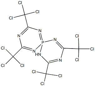 2,4,8,10-tetrakis(trichloromethyl)-1,3,5,7,9,11-hexaaza-6lambda~5~-phosphaspiro[5.5]undeca-1,3,5,7,9-pentaene Struktur
