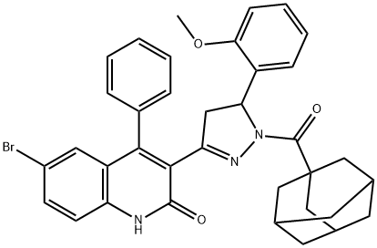 3-[1-(1-adamantylcarbonyl)-5-(2-methoxyphenyl)-4,5-dihydro-1H-pyrazol-3-yl]-6-bromo-4-phenyl-2(1H)-quinolinone 结构式