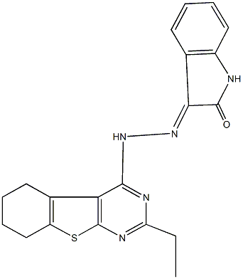 1H-indole-2,3-dione 3-[(2-ethyl-5,6,7,8-tetrahydro[1]benzothieno[2,3-d]pyrimidin-4-yl)hydrazone] Structure
