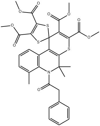 tetramethyl 5',5',7'-trimethyl-6'-(phenylacetyl)-5',6'-dihydrospiro(1,3-dithiole-2,1'-[1'H]-thiopyrano[2,3-c]quinoline)-2',3',4,5-tetracarboxylate Struktur