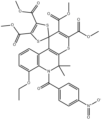 tetramethyl 7-ethoxy-5,5-dimethyl-6-(4-nitrobenzoyl)-5,6-dihydrospiro(1H-thiopyrano[2,3-c]quinoline-1,2'-[1,3]-dithiole)-2,3,4',5'-tetracarboxylate Structure