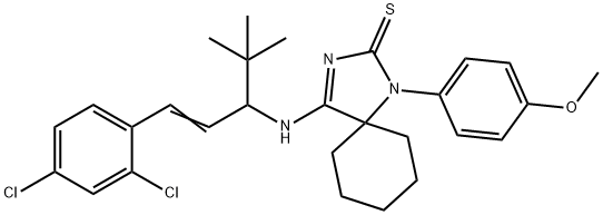 4-{[1-tert-butyl-3-(2,4-dichlorophenyl)-2-propenyl]amino}-1-(4-methoxyphenyl)-1,3-diazaspiro[4.5]dec-3-ene-2-thione Structure